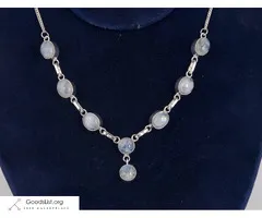 Colorful 8 Blue Moonstone Set In Sterling Silver Necklace 20" L